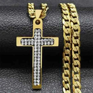 Christian Crystal Cross Pendant Necklace for Men Women Stainless Steel Gold Colo - Picture 1 of 10