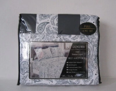 Nuevo Juego de Sábanas 6 Piezas Lujo 1500 Hilos Completo Blanco Azul Marino Paisley Foto 1 de 2