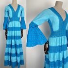 Vintage 1970s Mexican Turquoise Crochet Cotton Maxi Mexican Lace Dress