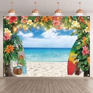7x5ft Hawaiian Flower Surfboard Backdrop Tropical Beach Luau Party Banner - Picture 1 of 7