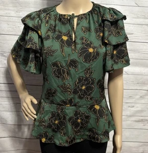 Who What Wear Blouse Small Green Black Gold Floral Ruffled Sleeves Satin Peplum - Picture 1 of 11