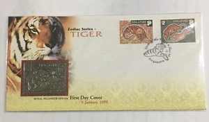 1998 SELANGOR pewter stamp Singapore FDC  Year If Tiger - Picture 1 of 2