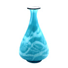 Hand Blown Cased Light Blue and White Art Glass Vase 12" Tall Abstract Waves
