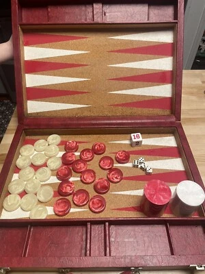 1 3/4x 1/2" Vtg BIG CRISLOID BACKGAMMON SET Marbled Red/White Checkers - Image 1 of 4