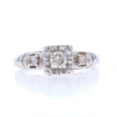 White Gold Diamond Vintage Engagement Ring - 14k Round Brilliant .28ctw Floral - Image 1 of 4
