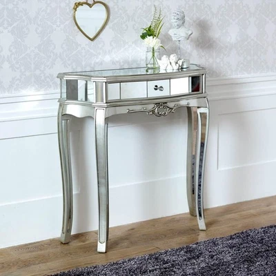 Silver Mirrored Half Moon Console Table with Drawer, Elegant 80x81x30cm - Image 1 of 4