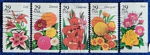US Stamps 1993 Garden Flowers Booklet 29 cent Used Set of 5 Off Paper 2829-2833 - Picture 1 of 1