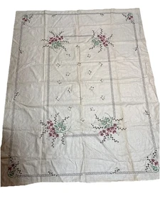 VTG Linen Hand Embroidered Needlepoint Tablecloth Cream Floral 54x68”GrannyCore - Picture 1 of 11