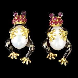 925 Sterling Silver Earrings Round Ruby Pearl Natural Gemstone Frog Jewelry - Picture 1 of 13