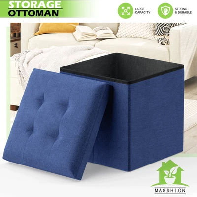 Navy Blue Fabric Storage Ottoman Classic Cube Home Living Room Décor Footstool - Image 1 of 4