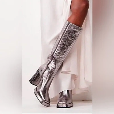 Size 7.5 Jeffrey Campbell Knee High Metallic Silver Boots - Image 1 of 4