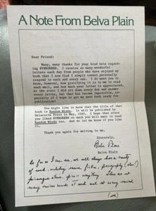Belva Plain Letter 1980 Signed with Note About Writing Women's Fiction Sagas - Picture 1 of 3