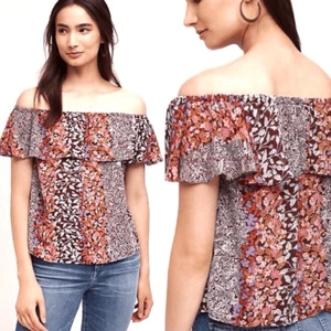 Anthropologie Maeve XS Vallita Off Shoulder Ruffled Floral Top Purple Pink - Picture 1 of 8
