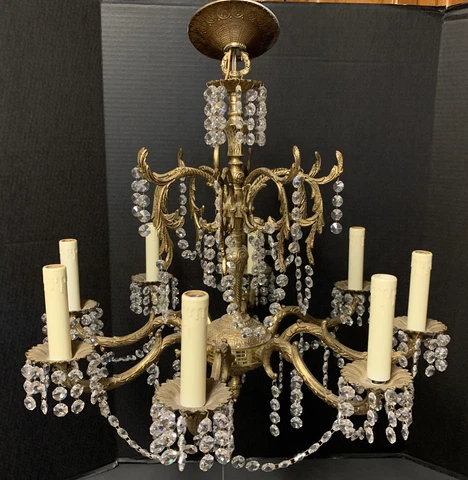 Vintge 16 Arm Spelter Chandelier Light Fixture w/ prisms Spain Hollywood Regency Cover
