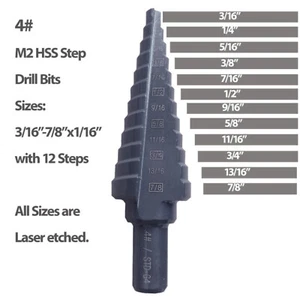 HSS Step Drill Bits 4#  Black Oxided M2 with 3/16"-7/8"x1/16" with 12 Steps Hole - Picture 1 of 8