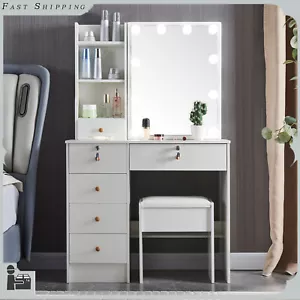 Vanity Makeup Table Set w/ 10 LED Lighted Mirror & 6 Drawers For Bedroom Dresser - Picture 1 of 8