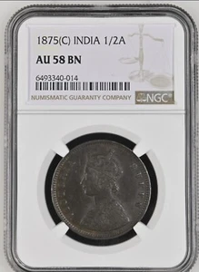 British India 1875 Calcutta 1/2 Anna NGC AU 58 BN Rare & Key Date - Picture 1 of 4