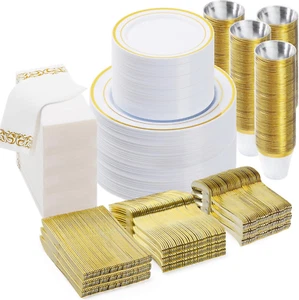 700PCS Gold Disposable Dinnerware Set for 100 Guests, Plastic Plates for Part... - Picture 1 of 1