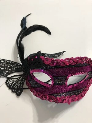 Masquerade Pink And Black Mask With Feathers - Image 1 of 4