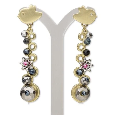 Gold Silver Gray Black Crystal Beads Metal Birds Dangle Post Earrings - Image 1 of 2