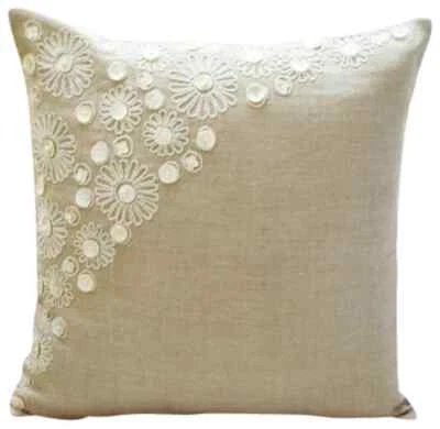 Square Pillow Case Beige 16"x16", Bed Decor Cotton Mother Of Pearl - Elegance - Image 1 of 4