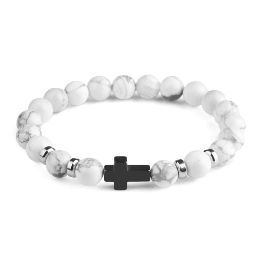 Armband Naturstein Perlen Hämatit Kreuz Jesus Herren Damen Unisex weiß grau matt - Bild 1 von 1