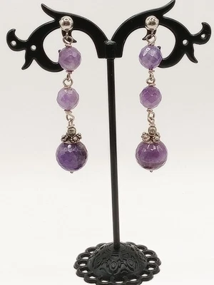 Orecchini Donna Artigianali Argento 925 Ametista Pendenti Sfere Lobo Palline - Immagine 1 di 4