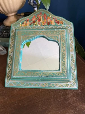 Vintage Moroccan Hand Painted Wall Green Mirror Authentic Decor of Wood - Photo 1/3