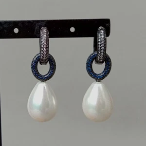 Pendientes de anillo pavé circonita cúbica colbalto perla con concha de mar lágrima blanca - Imagen 1 de 6