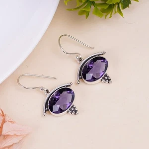 Purple Amethyst Gemstone Handmade 925 Sterling Silver Jewelry Earrings Size-1.5" - Picture 1 of 5