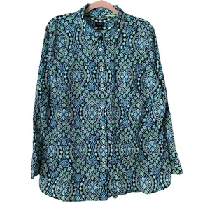 Talbots Top Womens 2X Plus Blue Green Floral Mosaic Long Sleeve Cotton Boho - Picture 1 of 10
