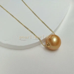 Real Natural 12-13mm South Sea Round Single Pearl Pendant Necklace 14k Gold P - Picture 1 of 5