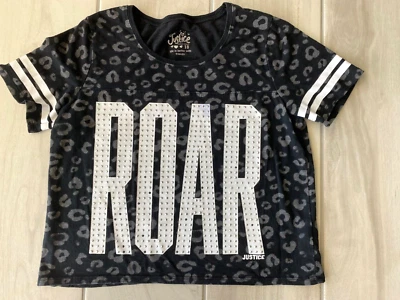 Girls XL Size 18 Justice ROAR short t-shirt silver & black rivets - shiny - Image 1 of 2