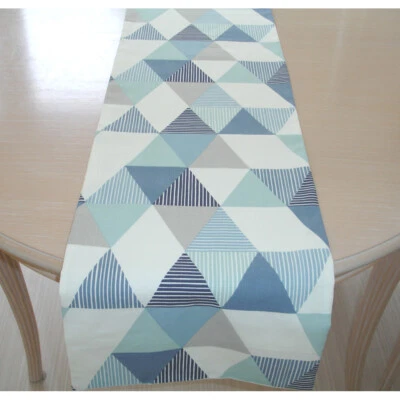 Blue Table Runner 4ft Duck Egg Navy Blue Grey Geometric Triangle Retro 48" 120cm - Image 1 of 3