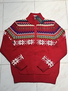 Polo Ralph Lauren Holiday Snowflake Wool Zip Sweater Youth L 14-16 Red NWT $165