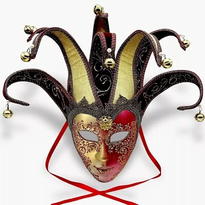Venetian JESTER MASK LEO Lady Masquerade Mardi Gras Red Gold Lion Italy - Image 1 of 4