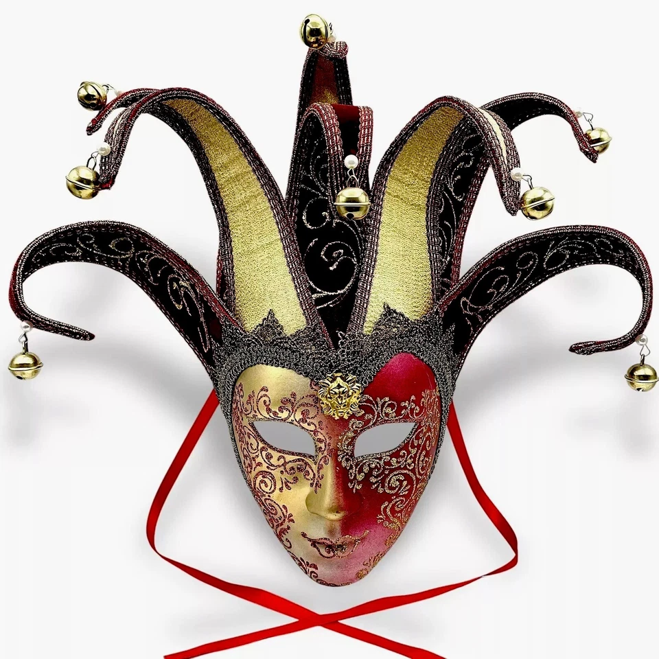Venetian JESTER MASK LEO Lady Masquerade Mardi Gras Red Gold Lion Italy - Image 1 of 4