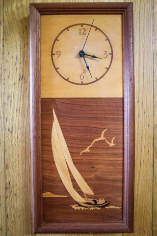 Hudson River Inlay Wood Marquetry Clock of a Sailboat on Water & Seagulls MCM Cover