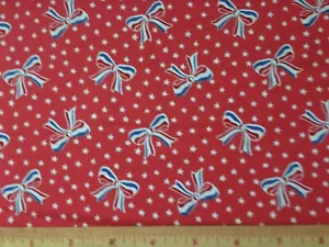 Storybook Americana Patriotic Ribbons Bows Stars Red Cotton Fabric by the Yard - Picture 1 of 1