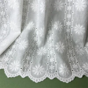 Embroidery Striped Daisy Eyelets Cotton Fabric in Off white Scallop Lace Fabric - Picture 1 of 12