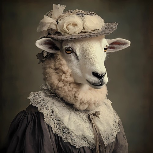 OFF WHITE Lady pecora in soffice cappotto di lana bianco sporco e cappello floreale poster tela movi