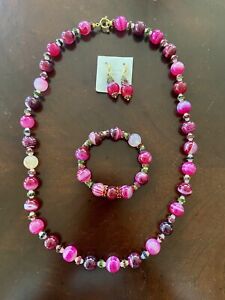 Genuine Pink Agate Round Beads Set 26”Necklace,Stretchy Bracelet,Drop1.5”Earring
