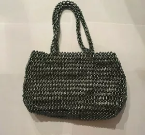 Vintage 2-Handled Gray Beaded Evening Bag/Purse Magnetic Snap Closure & Pockets - Picture 1 of 10