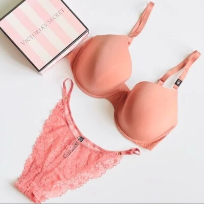 38DDD GRANDE Victorias Secret Tan Nude Camiseta Forrada Sujetador Conjunto Encaje Brasileño Panty Foto 1 de 4