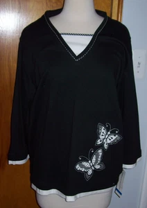 NEW Alfred Dunner Womens Black 3/4 T-Shirt BUTTERFLY w Embroidery Beaded sz XL - Picture 1 of 4