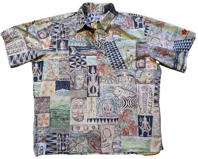 Reyn Spooner Mauna Kea гавайский Buddah половина кнопка рубашка выцветания печати уникальный! XL - Изображение 1 из 4