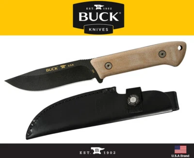 Cuchillo de hoja fija Buck Knives 104 Camp 5160 acero mango Micarta funda de cuero Foto 1 de 4
