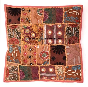16" Indian Patchwork Decorative Embroidered Sofa Cushion Cover Orange Bohemian - Picture 1 of 3