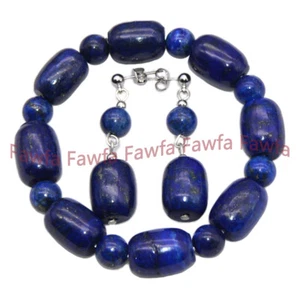 Natural Barrel Blue Lapislázuli y 8mm Gemas Beads Pulsera Elástica Aretes Set - Imagen 1 de 14