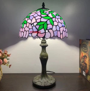 Tiffany Style Table Lamp Stained Glass Purple Blue Flowers Vintage H18*W12 Inch - Picture 1 of 25